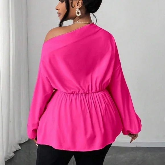 Plus Size Asymmetrical Off Shoulder Top Blouse Shirt Pink - Picture 2 of 16